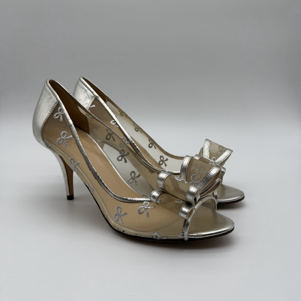Kate Spade Calina Silver Mesh Bow Open Toe Heels Metallic Pumps Womens 8 B Italy